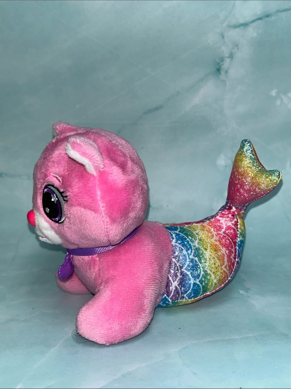 Cute Pink Plush Pet with Purple Collar and Shell Charm